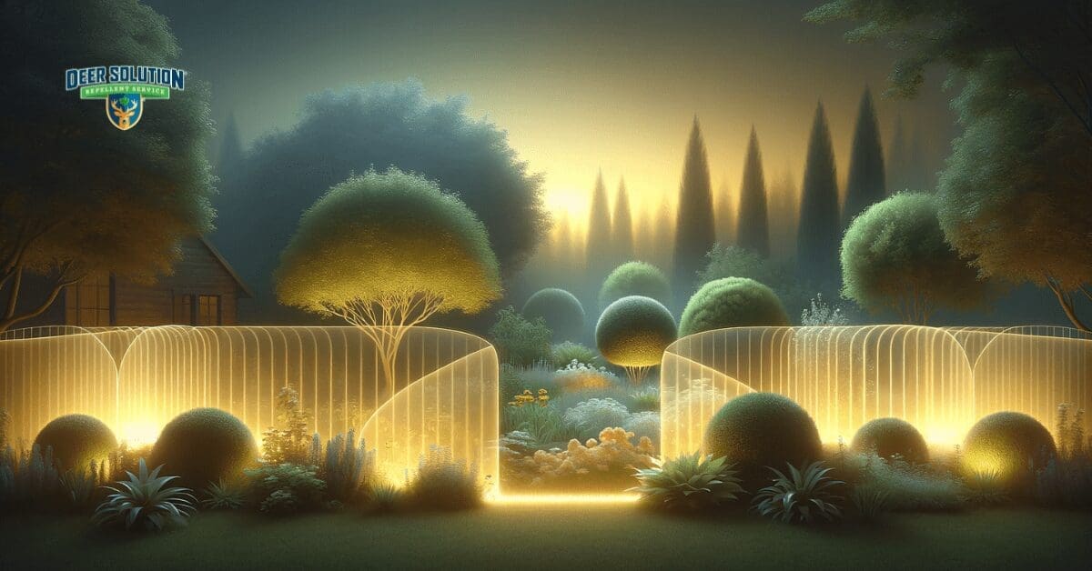 Abstract garden at twilight, surrounded by a glowing barrier symbolizing deer deterrence, with blooming trees and flowers.