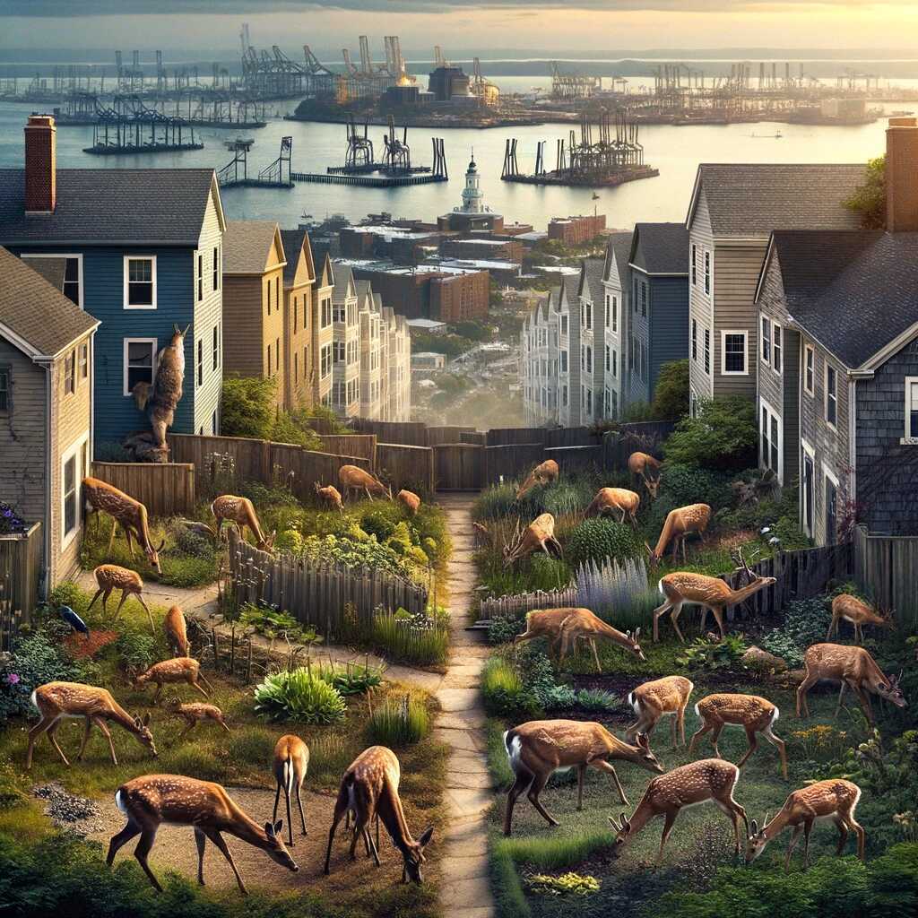 Close-up view of Talbot County's mixed natural and urban settings, illustrating the deer's impact on nature and human communities