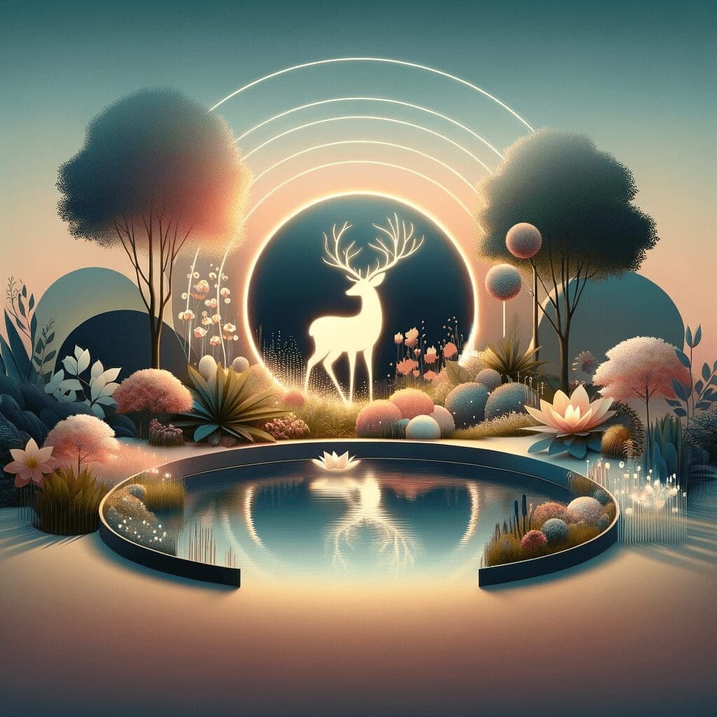 Tranquil garden at dawn with soft pastel colors, featuring an abstract deer outline integrated into the serene landscape.