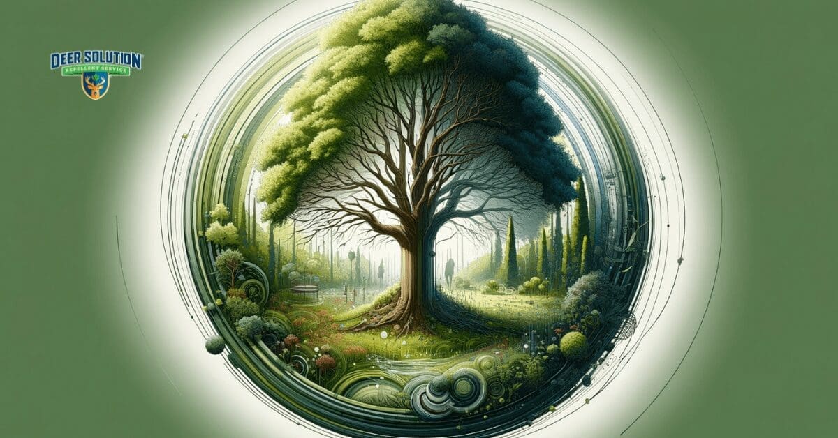 Abstract depiction of a tree showing signs of recovery with new growth in a lush garden, symbolizing deer deterrence, in a serene setting with brand colors.