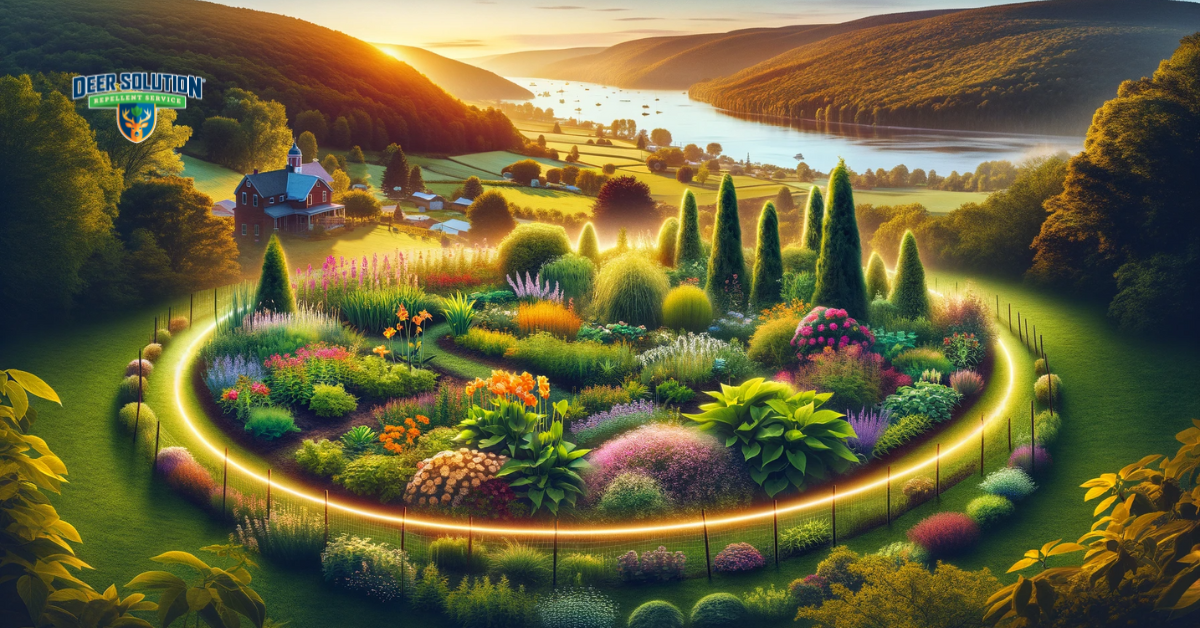 Vibrant landscape in Allegany County, with diverse, healthy flora and a glowing outline symbolizing deer protection, showcasing a thriving garden environment.