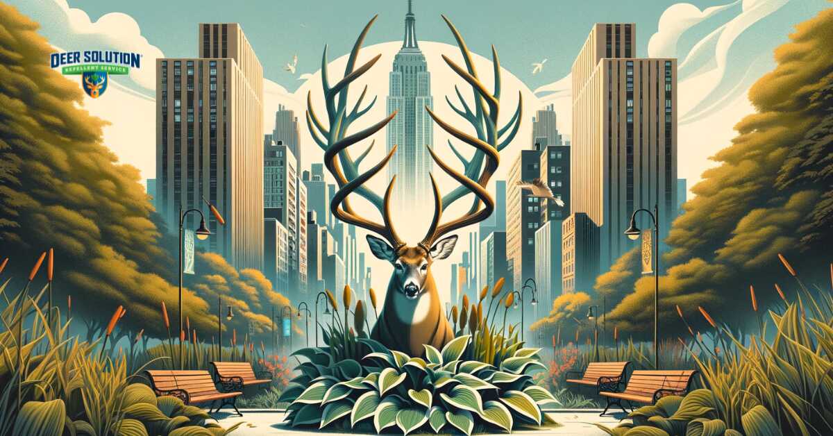 A scene blending urban greenery with abstract representations of deer antlers, symbolizing the enchantment and destruction caused by deer in The Bronx