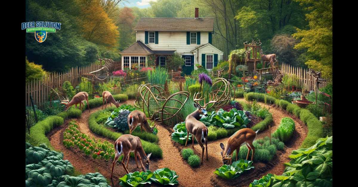 A garden in Kent County, Maryland, illustrates the troubling effects of deer damage. The scene shows plants that are trampled and nibbled, reflecting the significant impact of deer, some with noticeable antlers. The image also subtly conveys the human aspect of this issue, possibly through a residential setting in the background or the presence of a frustrated gardener, emphasizing the clash between the serene gardens of Kent County and the challenges of deer overpopulation