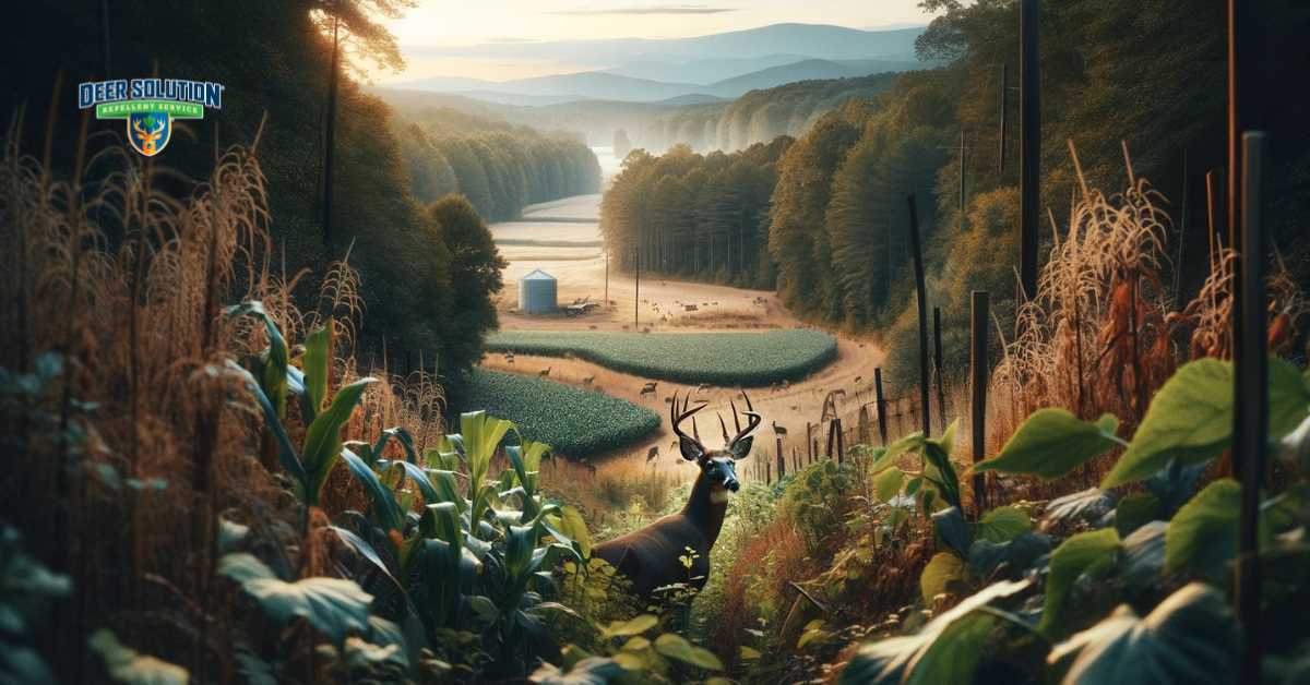 A depiction of Atkinson County, Georgia, where the landscape is visibly affected by the presence of deer. The image shows deer in a natural setting, possibly near agricultural fields or wooded areas, highlighting their impact on the environment. Signs of their influence, such as nibbled crops or trampled vegetation, are evident. The image captures the picturesque beauty of Atkinson County while realistically portraying the challenges posed by the deer population