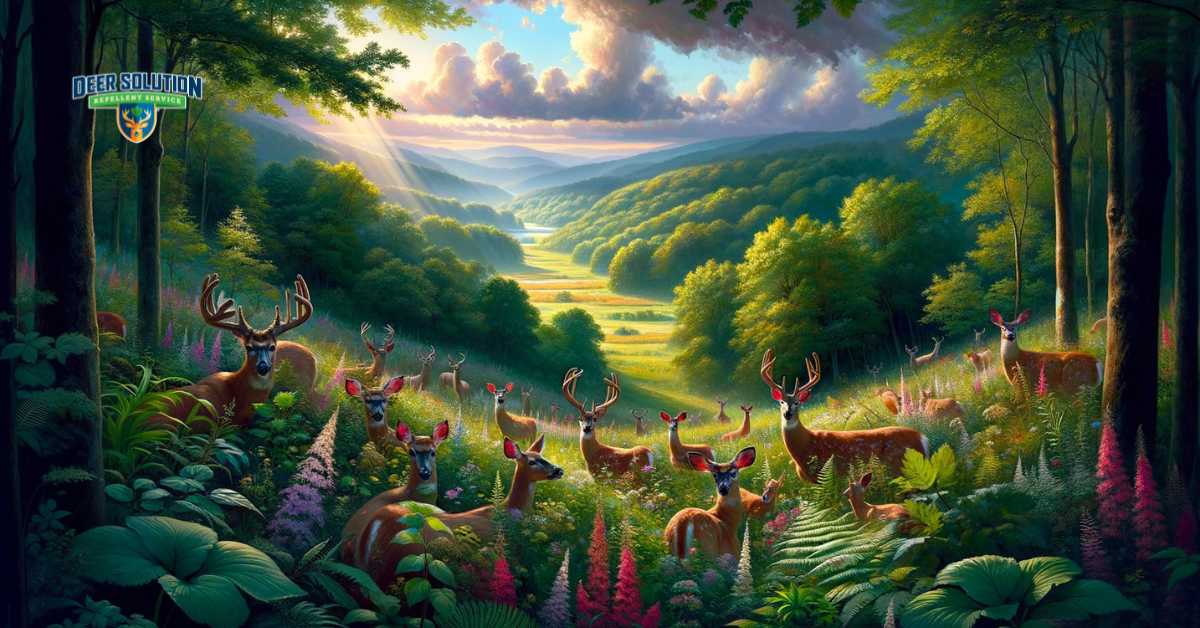 Lush landscapes of Glascock County teeming with deer, depicting the beauty and the ecological challenges of deer overpopulation