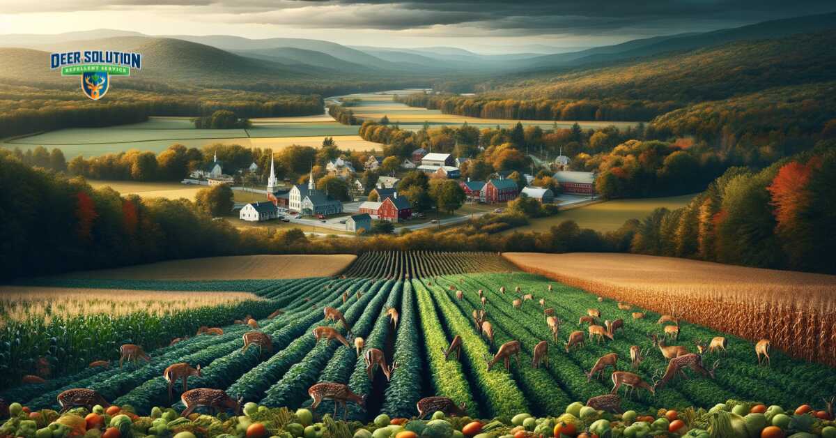 Scenic view of Berkshire County, illustrating the theme 'Balancing Wildlife and Agriculture', depicting rural landscapes and agricultural fields impacted by deer overpopulation, highlighting the challenges of balancing agricultural productivity with wildlife management
