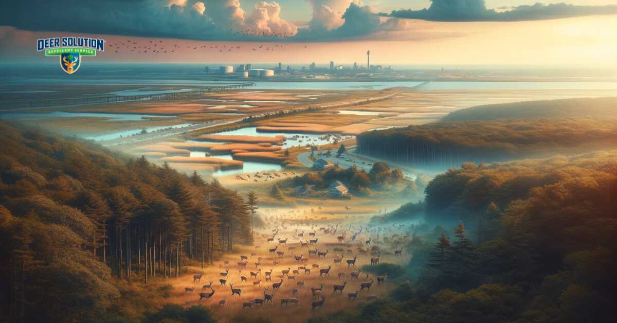 Serene landscape of Cape May County depicting the challenges of a growing deer population, illustrating the county's struggle to balance natural beauty with wildlife management