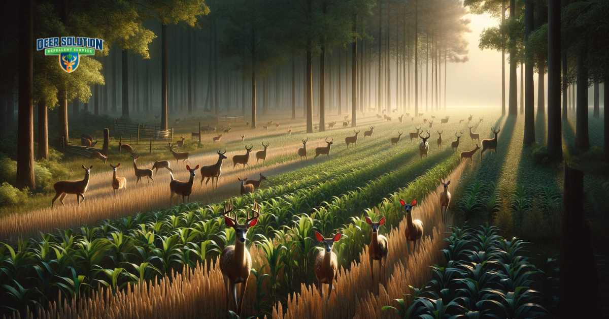A serene yet tense depiction of Bladen County, illustrating the widespread impact of deer overpopulation on natural and agricultural landscapes