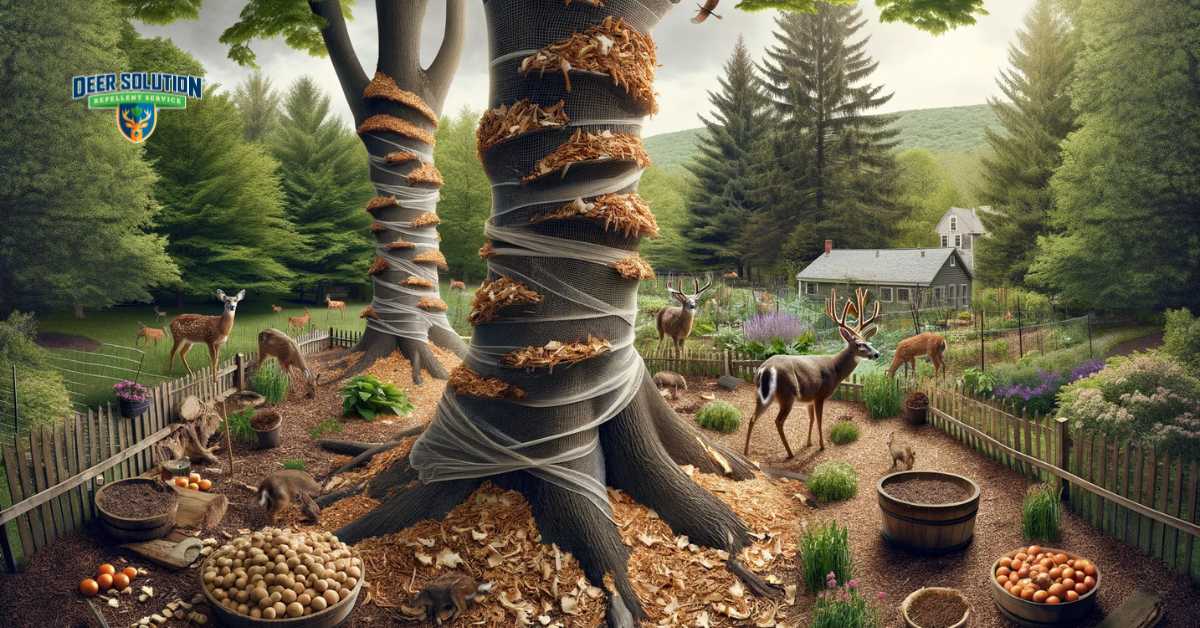 A garden and trees in Lewis County, NY, portraying the harsh effects of deer damage with chewed leaves and damaged tree bark. The image also shows measures for tree recovery and garden protection, like protective netting around trees and deer-resistant plants, against the backdrop of deer in the garden, symbolizing the constant battle against deer overpopulation