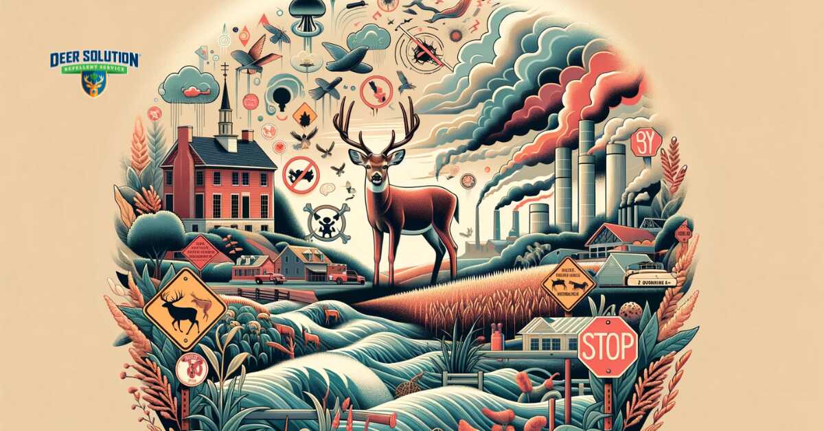 Symbolic depiction of the environmental strain in Bucks County, including disrupted habitats and signs of overgrazing, representing the challenges of deer overpopulation