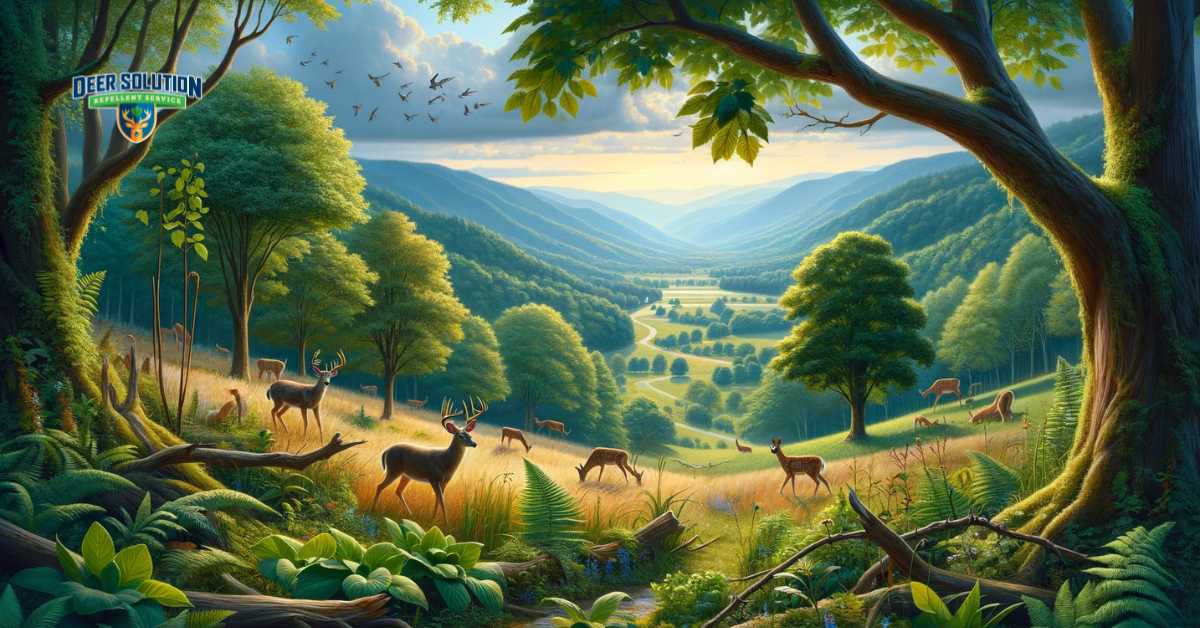 A portrayal of the lush landscapes of Campbell County, Virginia, illustrating the impact of deer. The scene shows a variety of plants and trees, some exhibiting signs of deer damage like nibbled foliage and trampled areas. Deer are included in the scene, symbolizing their effect on the landscape. This image captures the beauty of Campbell County's green spaces, juxtaposed with the challenges deer pose to this natural splendor