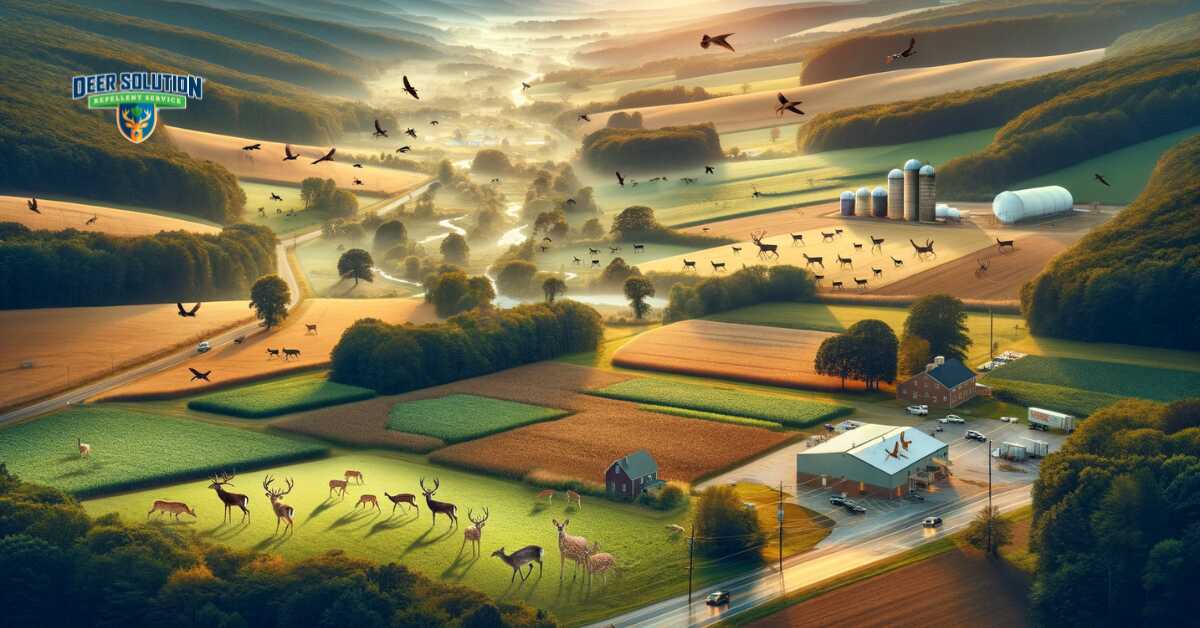 Landscape of Carroll County, Maryland, showcasing 'Carroll County's Deer Dilemma', depicting the challenges of managing deer populations in harmony with both ecological conservation and agricultural practices