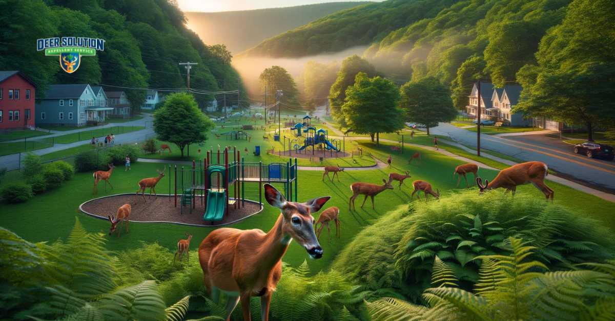 Deer encroaching on community spaces in Cayuga, highlighting the tension between wildlife preservation and the use of communal green areas