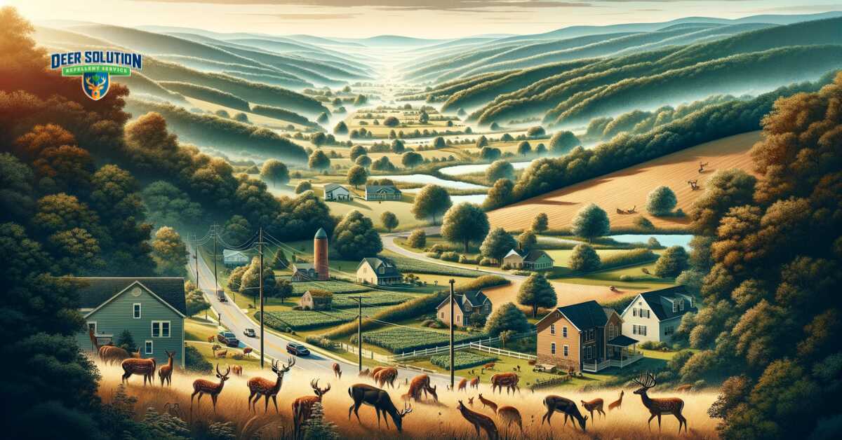 Rural and suburban landscapes of Cecil County depicting 'Deer Challenge: Balance Between Nature, Nurture, and Human Safety', showing the impact of deer populations on the environment and efforts to harmonize wildlife presence with human safety