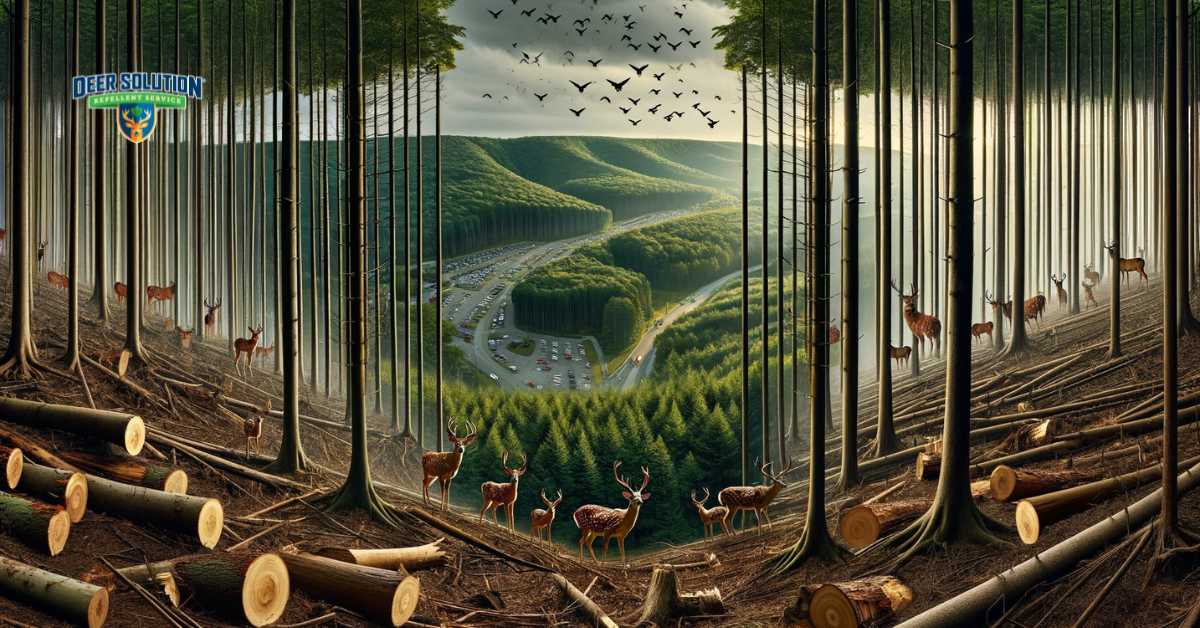 An image capturing the complex issue of deer overpopulation in Columbiana County and its impact on trees. The scene shows a forest with a mix of healthy trees and those affected by deer, such as those with stripped bark or stunted growth. Deer are present in the scene, symbolizing the overpopulation problem. The image highlights the silent crisis facing the county's trees, juxtaposing the overall health of the forest with the underlying challenges posed by the deer population
