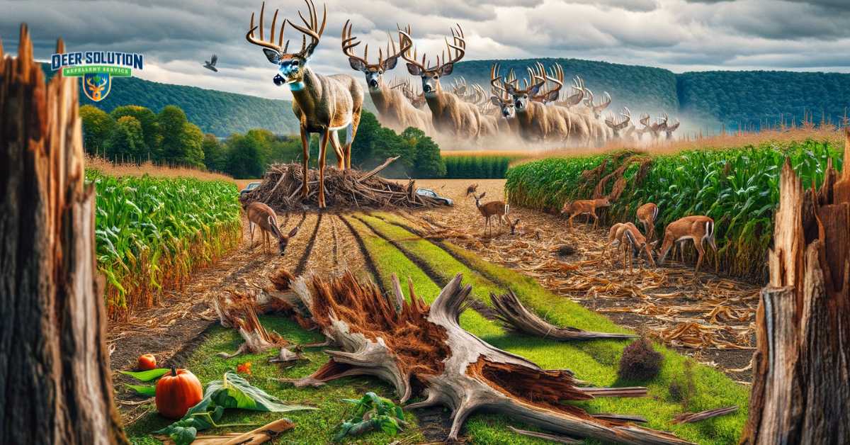 A rural scene in Cortland County, NY, showing significant deer damage to crops and trees, with a group of deer in the background, symbolizing the escalating impact of their overpopulation on the environment