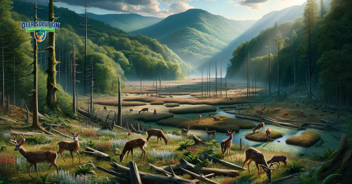 A serene yet tense depiction of Davie County's landscape, illustrating the challenge of balancing deer numbers with ecological preservation