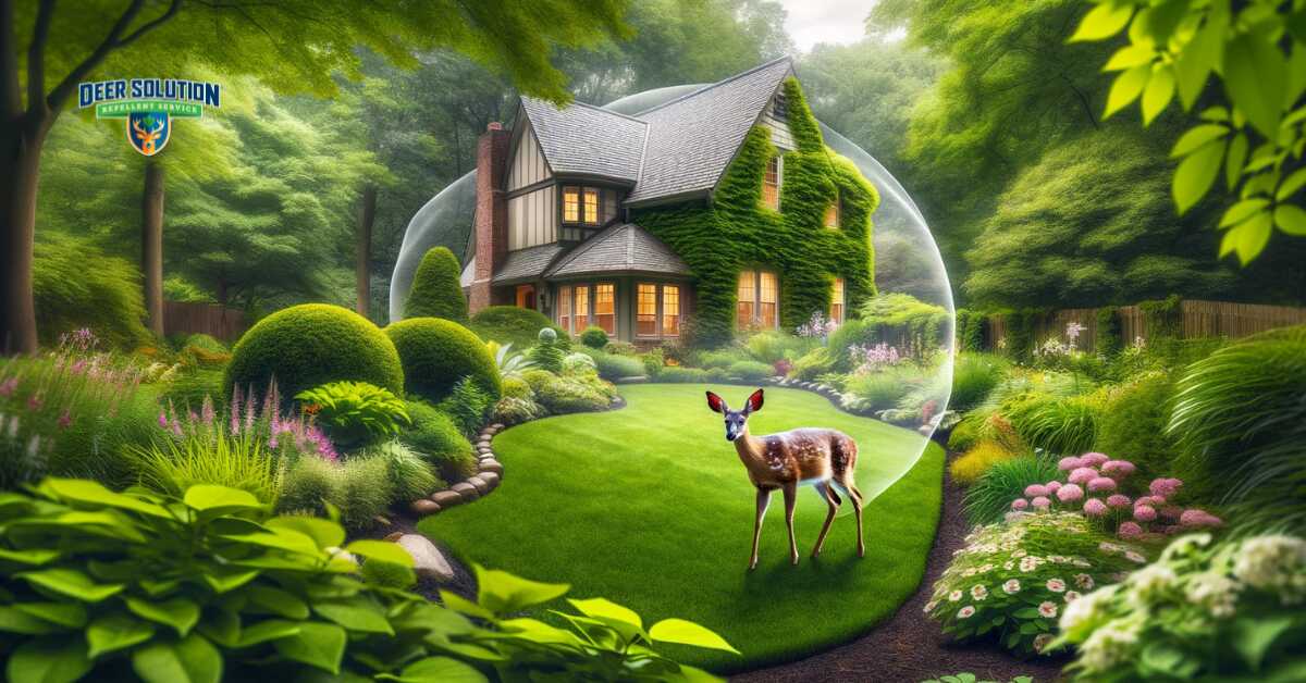 A serene garden scene in a suburban setting with a subtle protective aura indicating deer deterrence