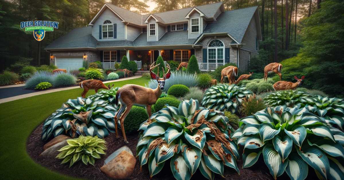 A front yard in Lake County, Florida, showcasing the dilemma of deer damage, particularly on Hosta plants. Some Hostas are visibly nibbled, contrasting with the otherwise immaculate landscaping of the yard, which includes a variety of plants and a pristine lawn. The presence of deer in the yard highlights the ongoing challenge of protecting beautiful landscaping from wildlife