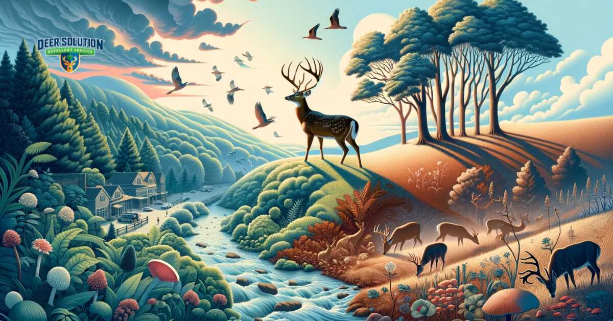 A symbolic depiction of the harmony between wildlife and human-influenced landscapes in Bucks County, illustrating the delicate balance between nature and nurture, with elements representing both the presence of deer and protected natural areas