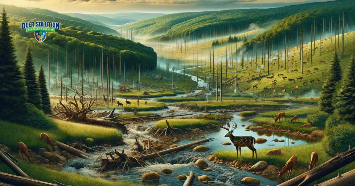 Symbolic depiction of overgrazed landscapes and disrupted ecosystems in Carroll County, illustrating the thorny issue of deer overpopulation and its environmental repercussions