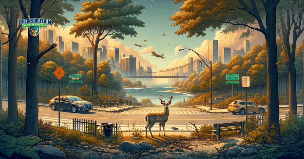 Urban landscape of Richmond County, NY, depicting the deer dilemma with a focus on safety, health, and environmental concerns, illustrating the complexities of deer management in an urban environment