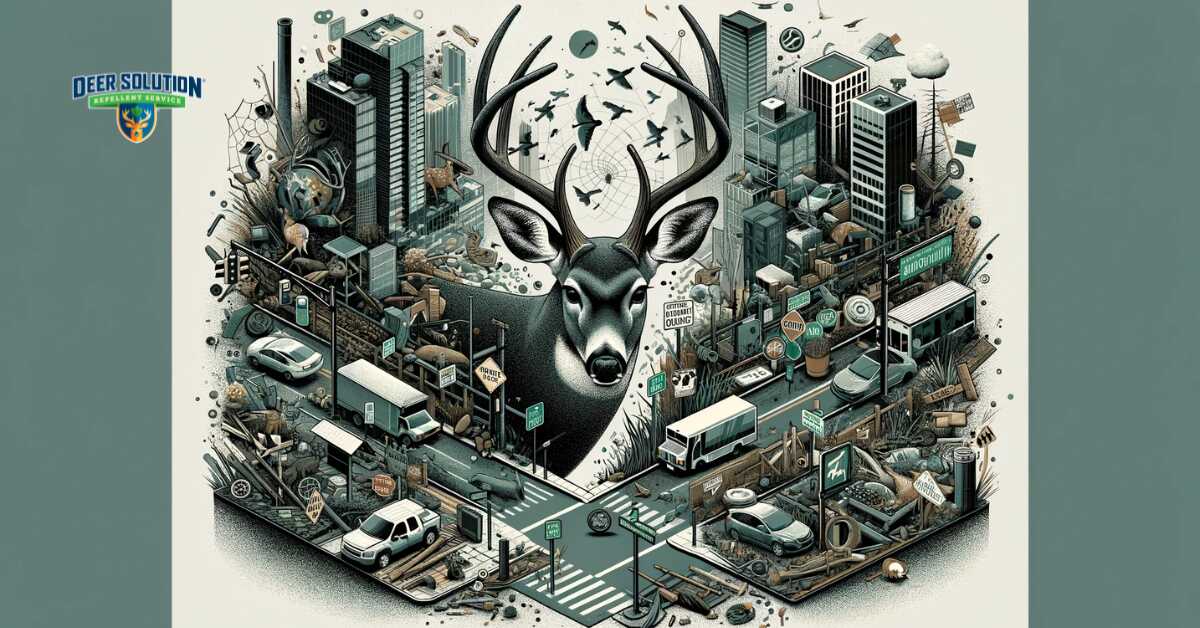 Abstract depiction of the encroachment of wildlife into urban areas in Suffolk County, symbolizing the collision between deer populations and human habitats, with a color palette merging natural and urban tones