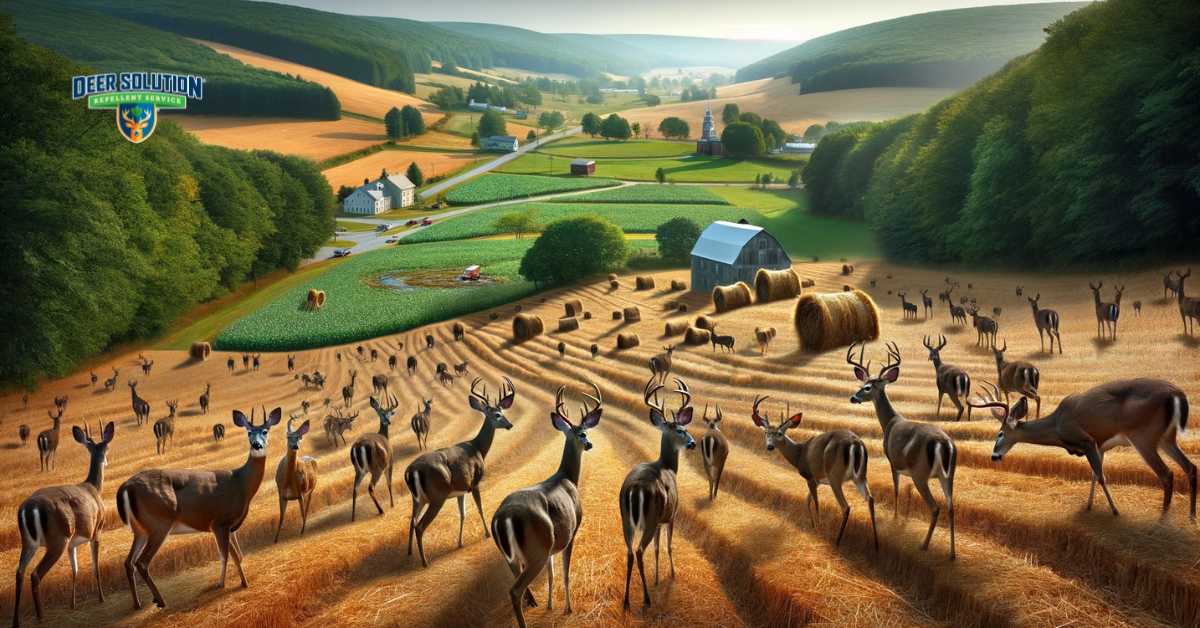 The image vividly captures McKean County's picturesque rural landscape, now facing the challenge of deer overpopulation. The serene setting is marked by the disruptive presence of numerous deer, leading to visible consequences like overgrazed lands, trampled fields, and damaged crops. This visual narrative highlights the stark contrast between the idyllic rural charm of the county and the pressing challenges posed by the 'bucolic invaders', emphasizing the ongoing battle to balance the beauty of rural life with the realities of wildlife management