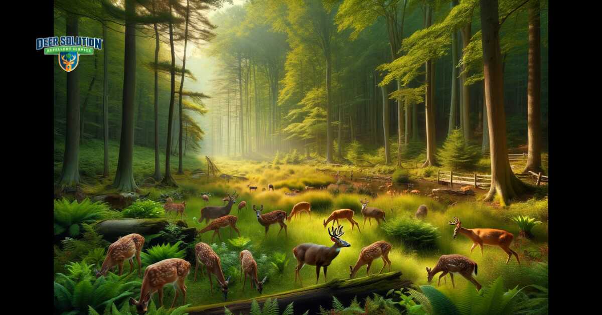 A serene forest in Maryland with a group of deer grazing amidst a variety of plants and trees, illustrating the balance between wildlife and plant conservation in Worcester and surrounding counties