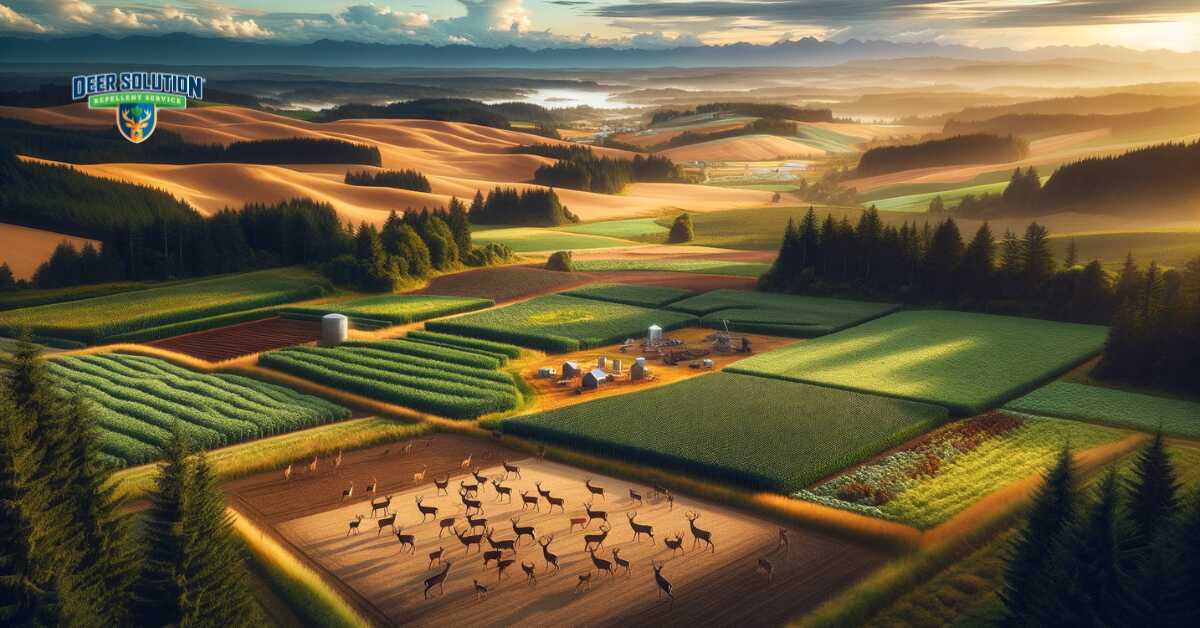 Rural landscape of Washington County, depicting 'Deer Dynamics: A Balancing Act Between Nature and Agriculture', highlighting the coexistence of deer populations with agricultural lands and natural habitats, and the challenges in maintaining this balance