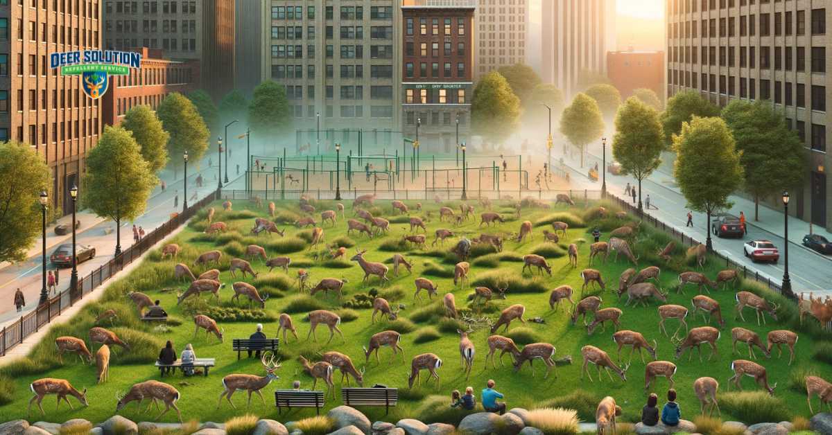 Deer encroaching on urban green spaces in Grant County, illustrating the tension between wildlife habitation and urban development