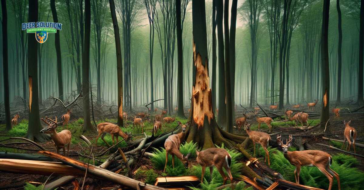 A forest scene in Northampton County showing signs of deer overpopulation with multiple deer and visible damage to trees and undergrowth, highlighting the environmental impact of stripped bark, trampled plants, and a scarcity of young trees