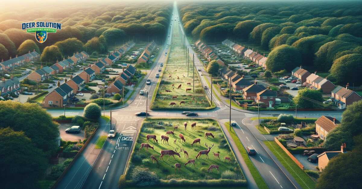 Landscape of Essex County, depicting 'The Complexity of Coexistence' theme, illustrating the interaction of deer with suburban and urban environments, highlighting the intricate challenges of managing deer populations in close proximity to human habitats