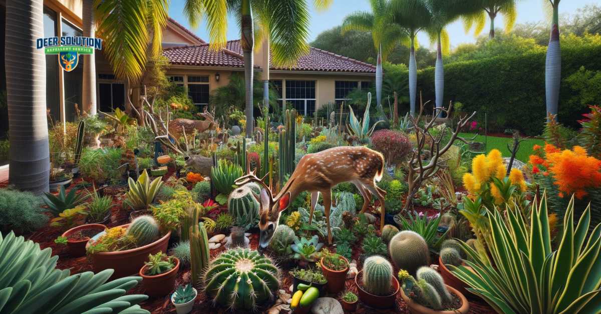 A Floridian garden in Palm Beach County, showcasing the impact of deer damage on plants. The scene features a mix of tropical plants and palm trees, some of which bear signs of nibbling and damage by deer. The presence of deer in the garden, interacting with the local flora, highlights their curious dietary choices and the challenge they pose to the local vegetation