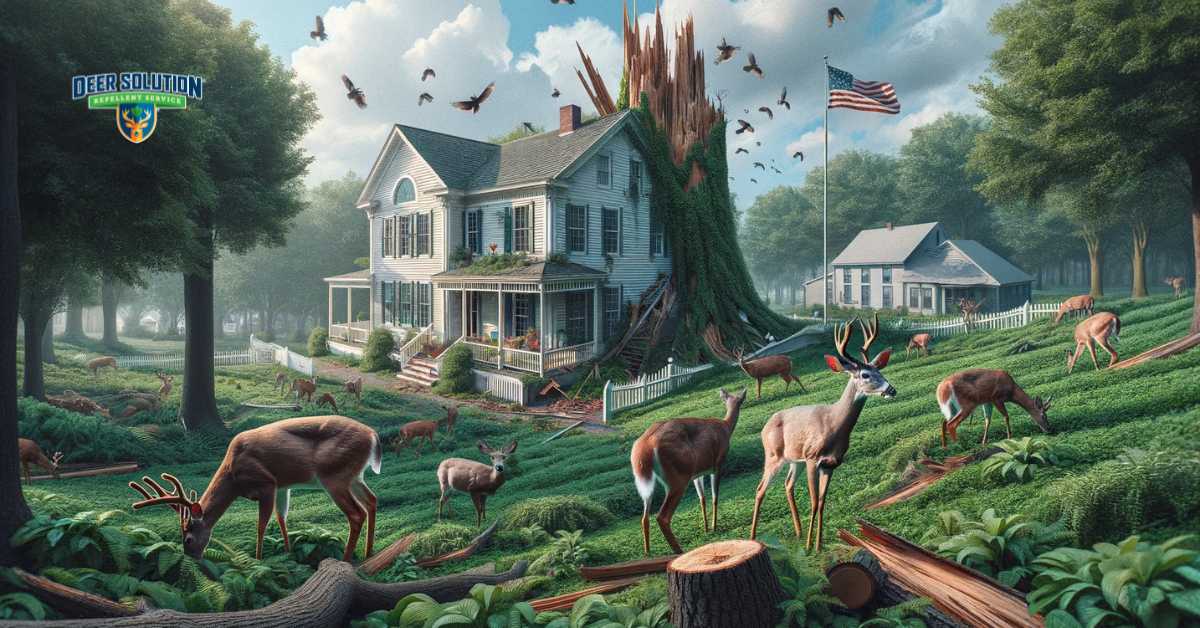 A landscape in Franklin County, Florida, showing the unusual scenario of New Jersey deer causing damage. The image depicts a stark contrast between the Floridian environment and the deer, seen browsing and harming local plants and trees. This scene captures the unique challenge of escalating deer damage in an unexpected Floridian setting