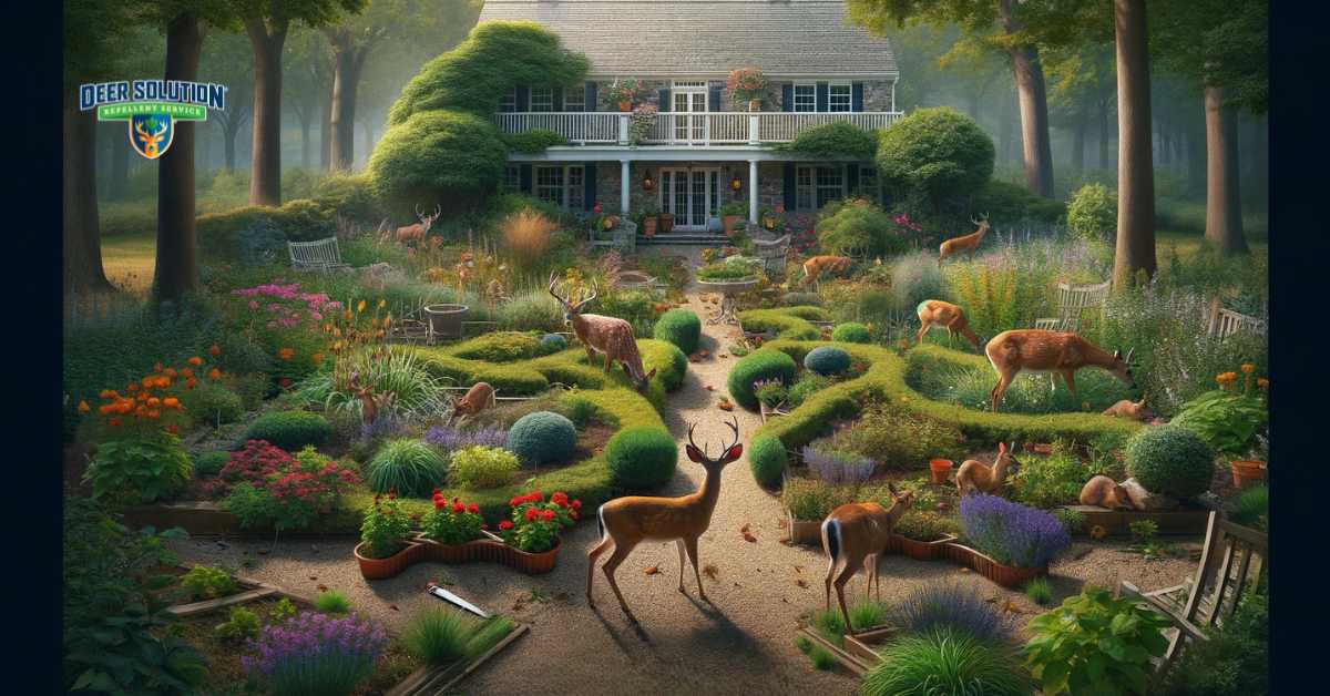 A garden in Middlesex County, NJ, showing clear signs of deer damage: plants are nibbled, flower beds trampled, and deer are visible in the background, representing the issue of overpopulation. The image captures the conflict faced by gardeners, struggling to maintain the beauty of their gardens amidst the challenges posed by an increasing deer population