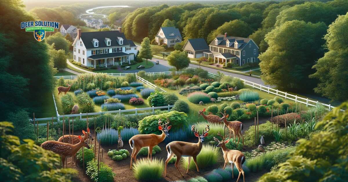 Landscape view of Burlington County, NJ, showing residential gardens and parks impacted by deer, under the theme Gardens at Risk