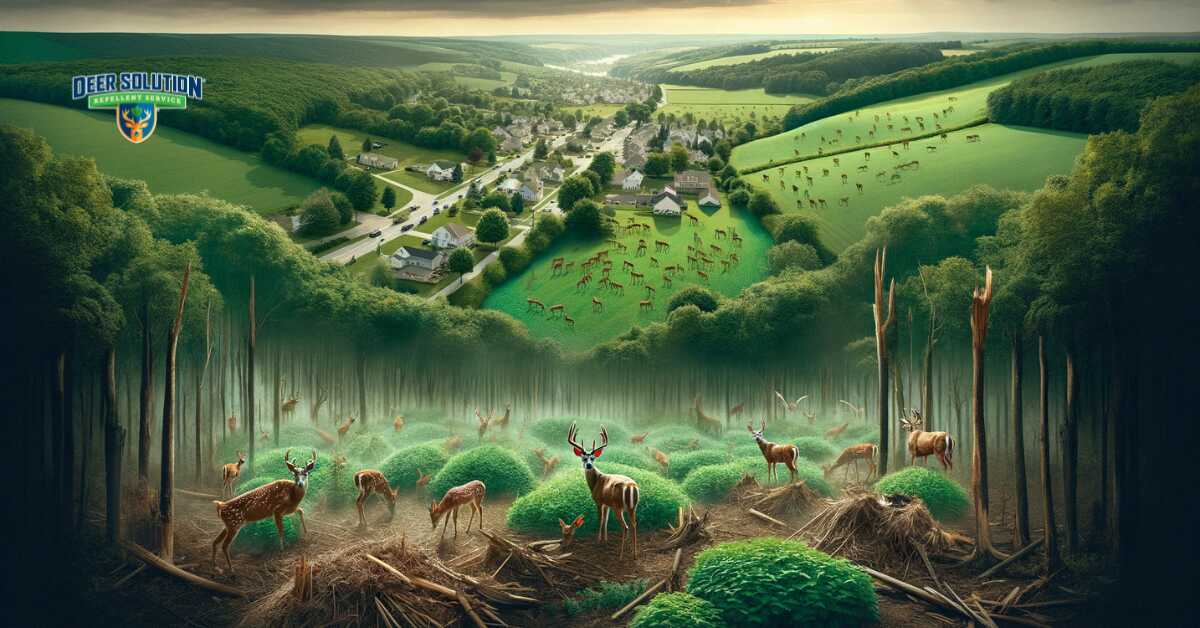 A depiction of the lush greenery of Lancaster County marred by signs of deer damage, such as nibbled plants and trampled gardens, illustrating the 'Green Grief' caused by deer