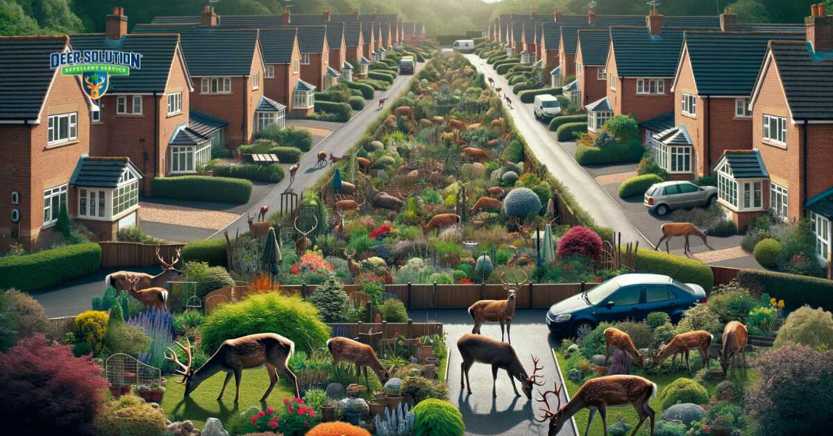 A suburban Greenfield neighborhood depicting the challenge of deer overpopulation: deer are seen encroaching on a beautifully maintained garden in the foreground, with typical Hampshire County homes and vibrant gardens in the background, highlighting the conflict between urban living and wildlife