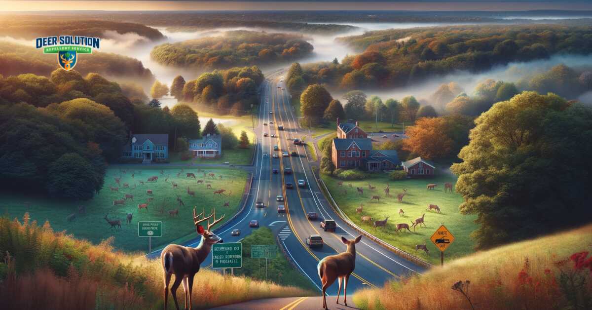 Landscape of Hartford County showcasing 'Deer Dilemma: Rising Roadway Risks and Ecological Concerns', depicting the intertwining of natural and urban environments with the presence of deer, emphasizing concerns over roadway safety and ecological balance