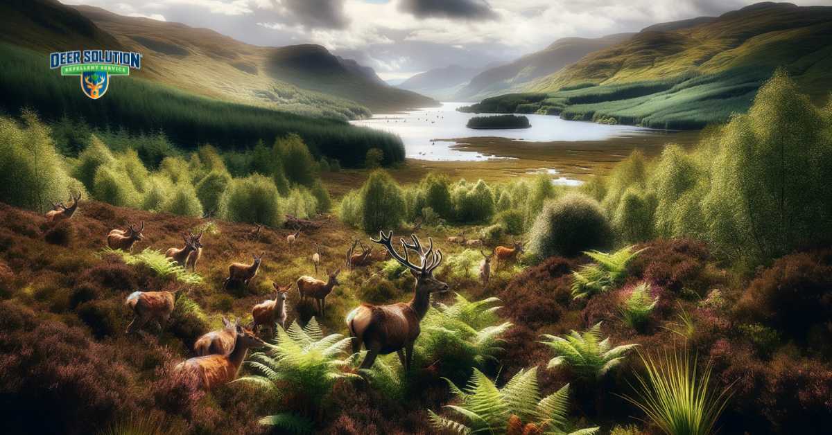 A highland landscape depicting the silent battle against deer damage. The scene shows lush greenery and shrubs under siege, with visible signs of deer browsing and trampling. In the background, the presence of a larger number of deer accentuates the issue of overpopulation, creating a stark contrast between the natural beauty of the highlands and the challenges posed by the deer