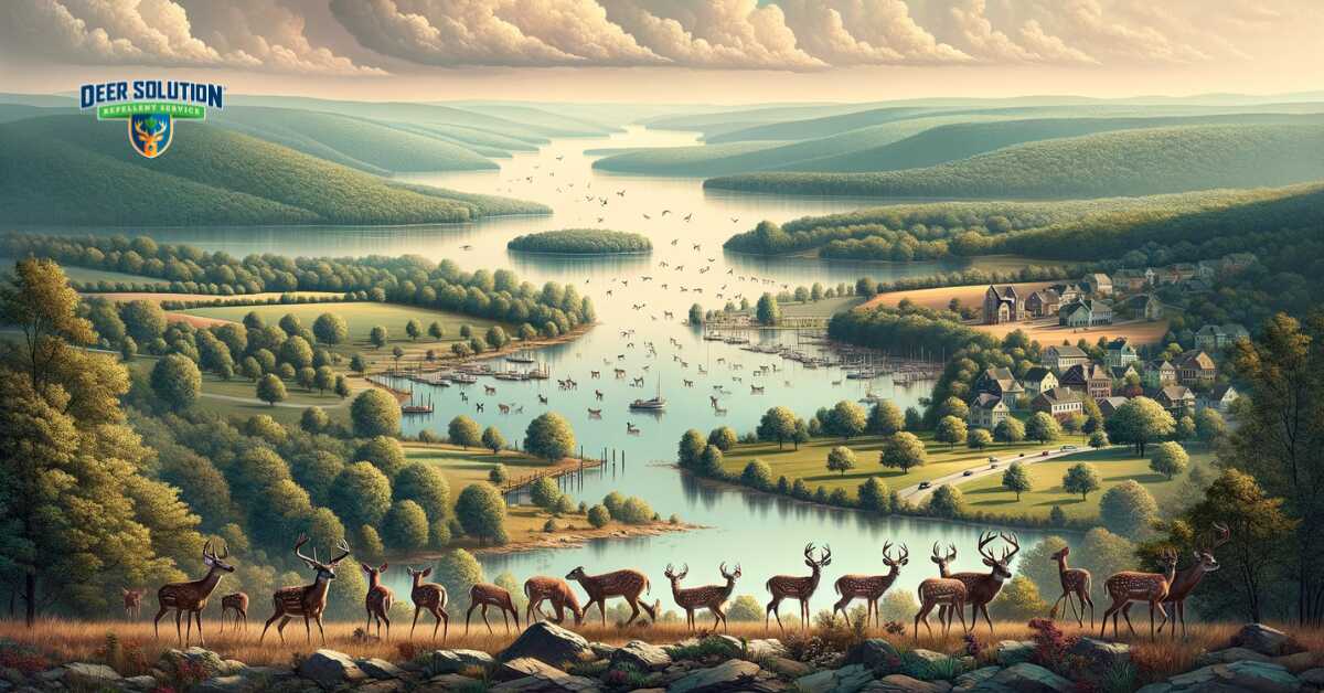 Scenic view of Howard County, illustrating 'Howard County's Deer Challenge', depicting natural landscapes intersected by human activities, highlighting the presence of deer and the county's efforts to maintain ecological harmony
