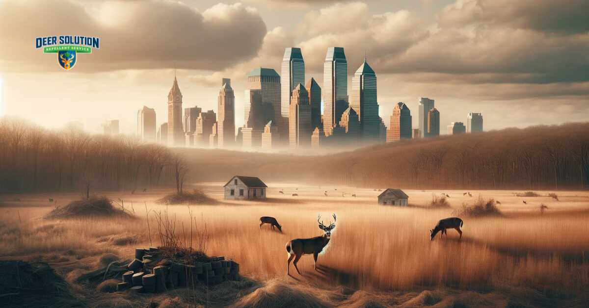 Rural scene in Hunterdon County depicting sparse vegetation and signs of overgrazing, symbolizing the deer overpopulation crisis, while maintaining the natural beauty of the county