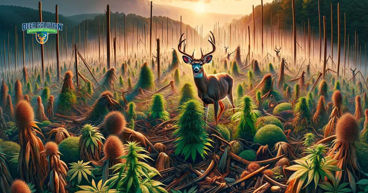 Image depicting the ecological disturbances in Indiana County, PA, with damaged plants and disrupted natural habitats, highlighting the environmental stress caused by rising deer populations
