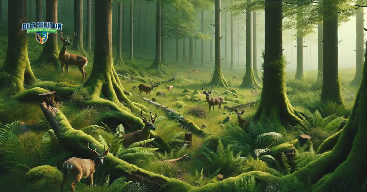 A scene depicting a lush, verdant forest in Liberty County, with signs of deer impact such as nibbled vegetation and trampled areas. The presence of deer in the forest highlights their significant role in altering the ecosystem. The image beautifully captures the forest's natural allure while also showcasing the ecological challenges deer bring to its health and sustainability