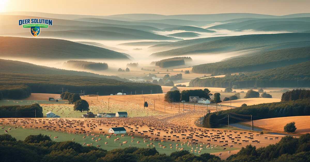 Landscape view of Mercer County highlighting 'Managing Mercer's Majestic Mammals' theme, showcasing the battle against deer overpopulation with visible signs like crowded deer herds and overgrazed areas