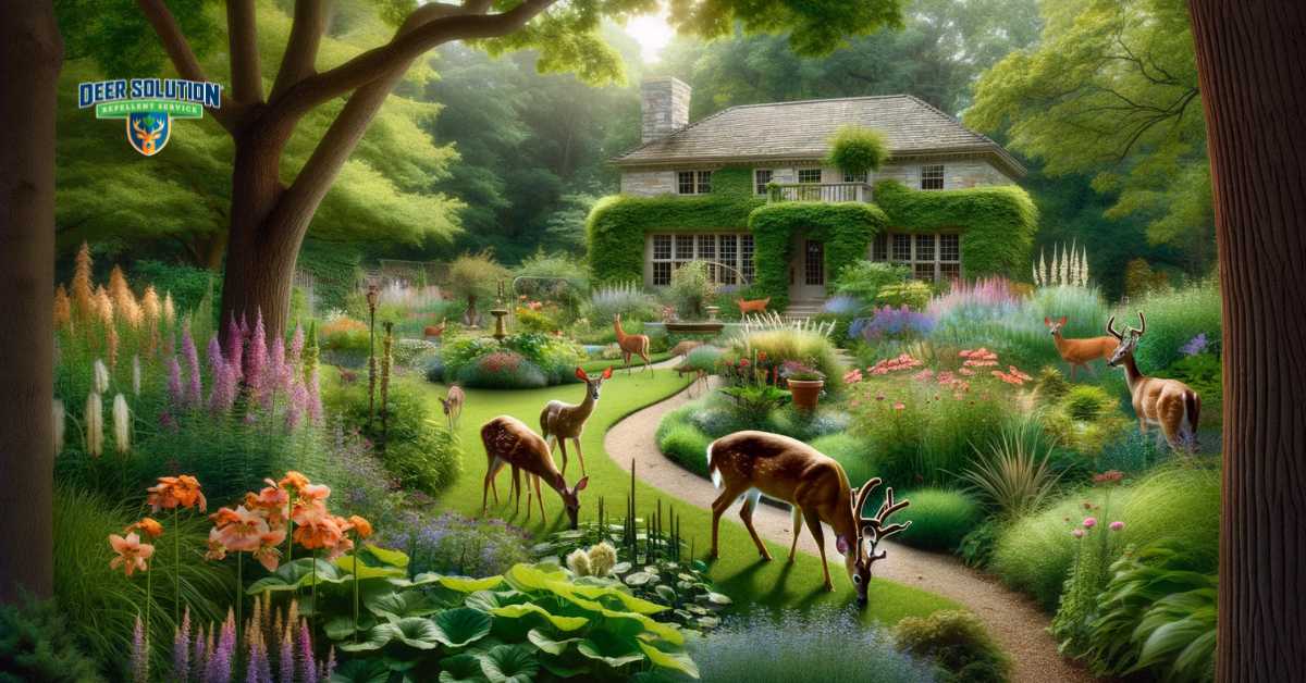 A depiction of the delicate balance in Marion County, showcasing a lush, well-maintained garden with a variety of vibrant plants and flowers, coexisting with the challenges of deer grazing. The image includes signs of deer presence, such as nibbled plants or deer near the garden, illustrating the ongoing negotiation between the cultivation of beautiful gardens and the natural habits of local wildlife