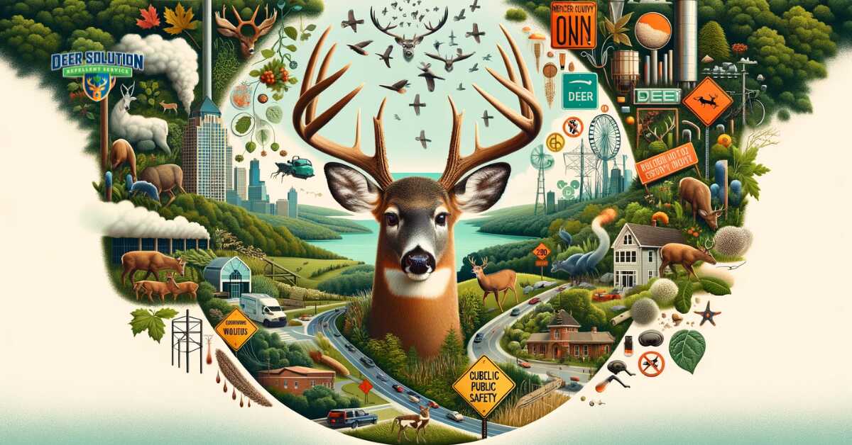 Image blending the vibrancy of Mercer County's natural landscapes with symbols of public safety concerns, illustrating the complex task of balancing ecological richness with the challenges posed by deer overpopulation
