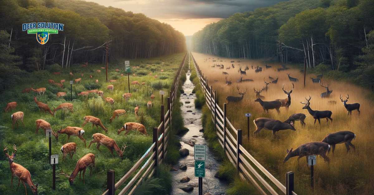 The image captures the complex situation in Mifflin County, where deer overpopulation and the need for ecosystem preservation collide. It shows a landscape with signs of deer overpopulation, like stressed vegetation and crowded deer groups, alongside efforts to protect the environment, such as conservation signage or designated protected areas. This visual narrative highlights the ongoing struggle to balance effective deer population control with the imperative to maintain and protect the natural ecosystem