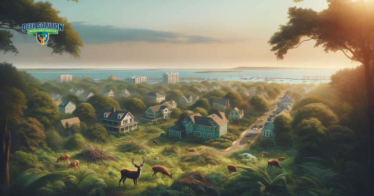 Landscape of Monmouth County capturing 'Monmouth's Mammalian Menace' theme, depicting the impact of deer on natural and suburban landscapes and the community's efforts to tackle deer damage dilemmas